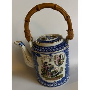 Vintage Japanese Teapot from 1950s Geisha Motif Bamboo Handle